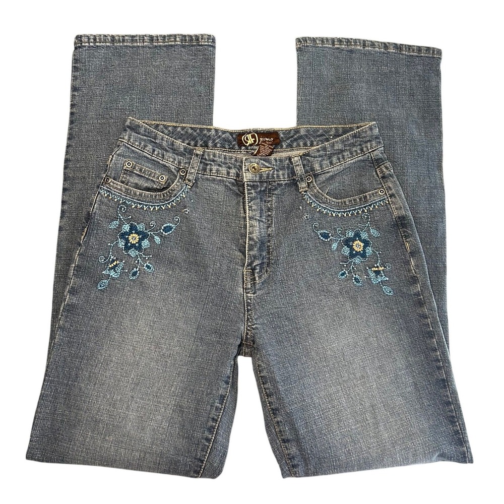 Rafaella Jeans Y2K 2000s Size 6 Blue Floral Embroidered Beaded Denim Pants